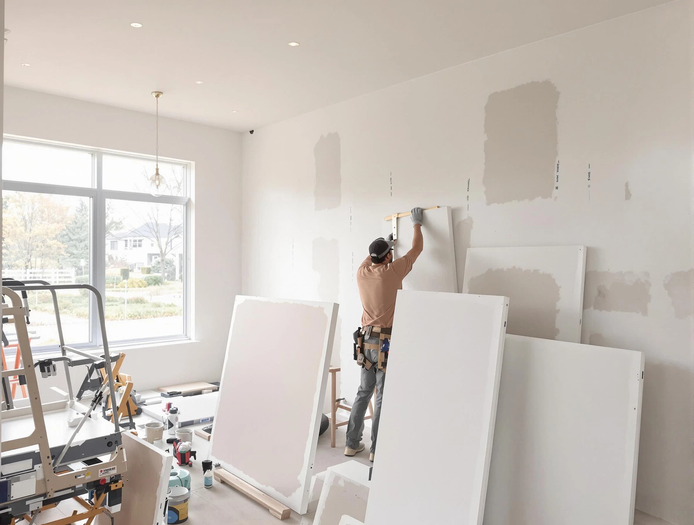 Brecksville House Painters precisely hanging drywall sheets in Brecksville, OH