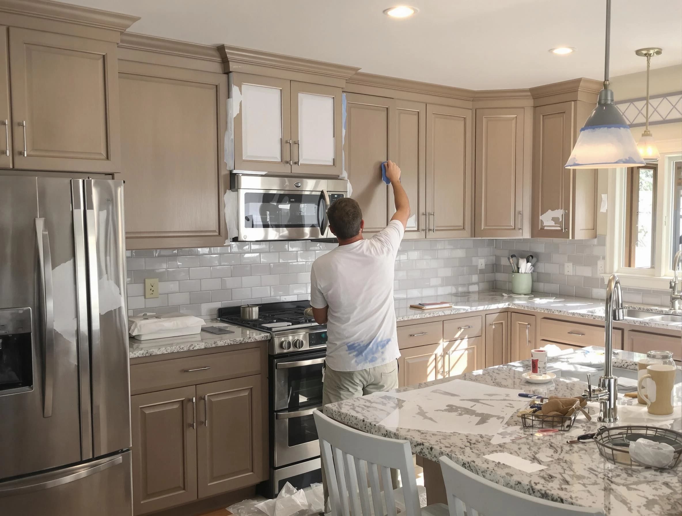 Before-and-after view of kitchen painting by Brecksville House Painters in Brecksville