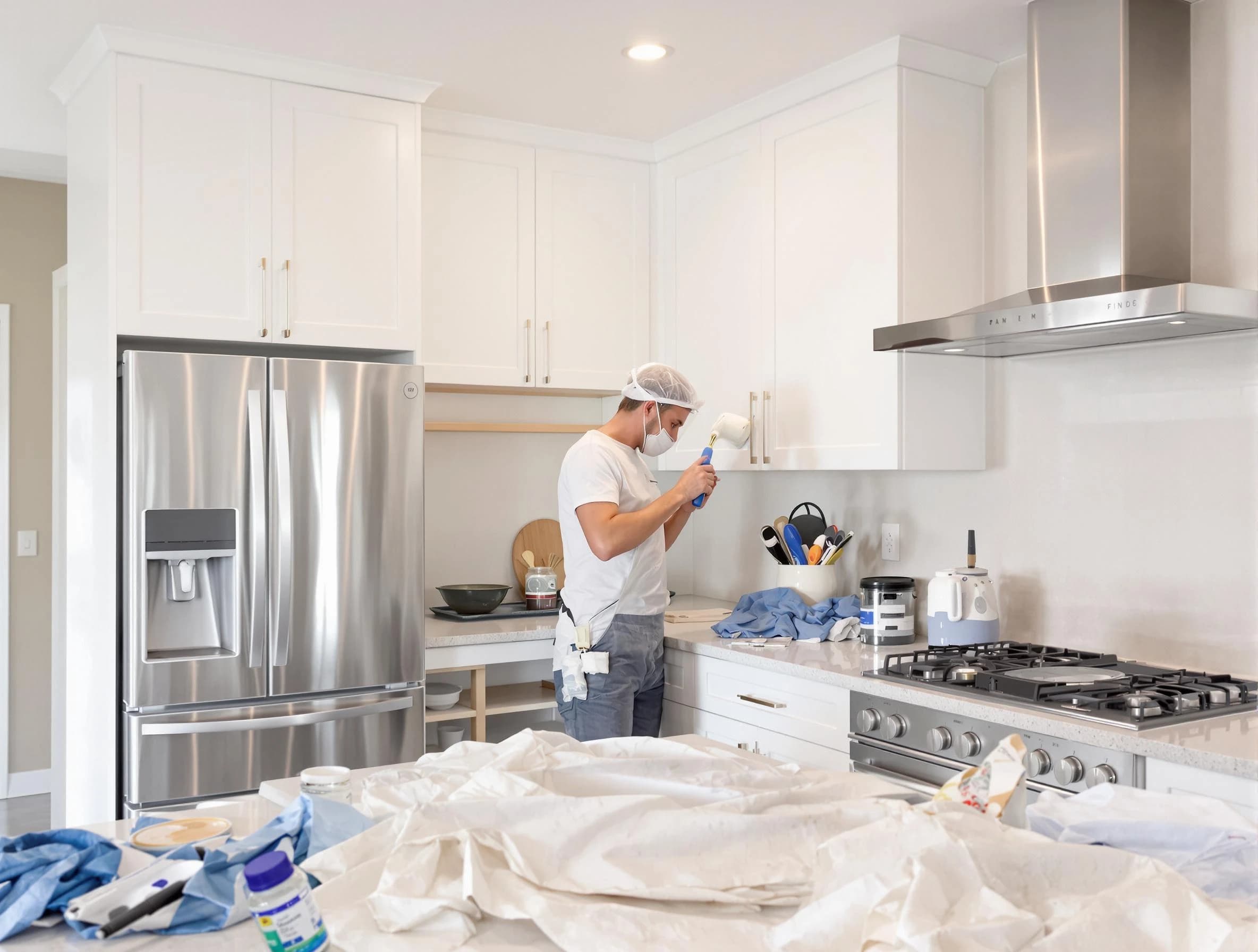 Brecksville House Painters painter applying a fresh coat in a kitchen located in Brecksville, OH