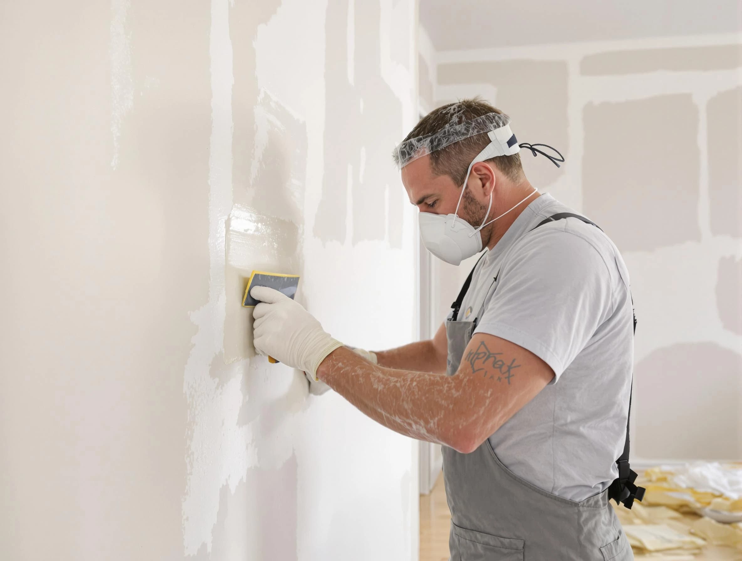 Brecksville House Painters technician applying mud to drywall seams in Brecksville, OH