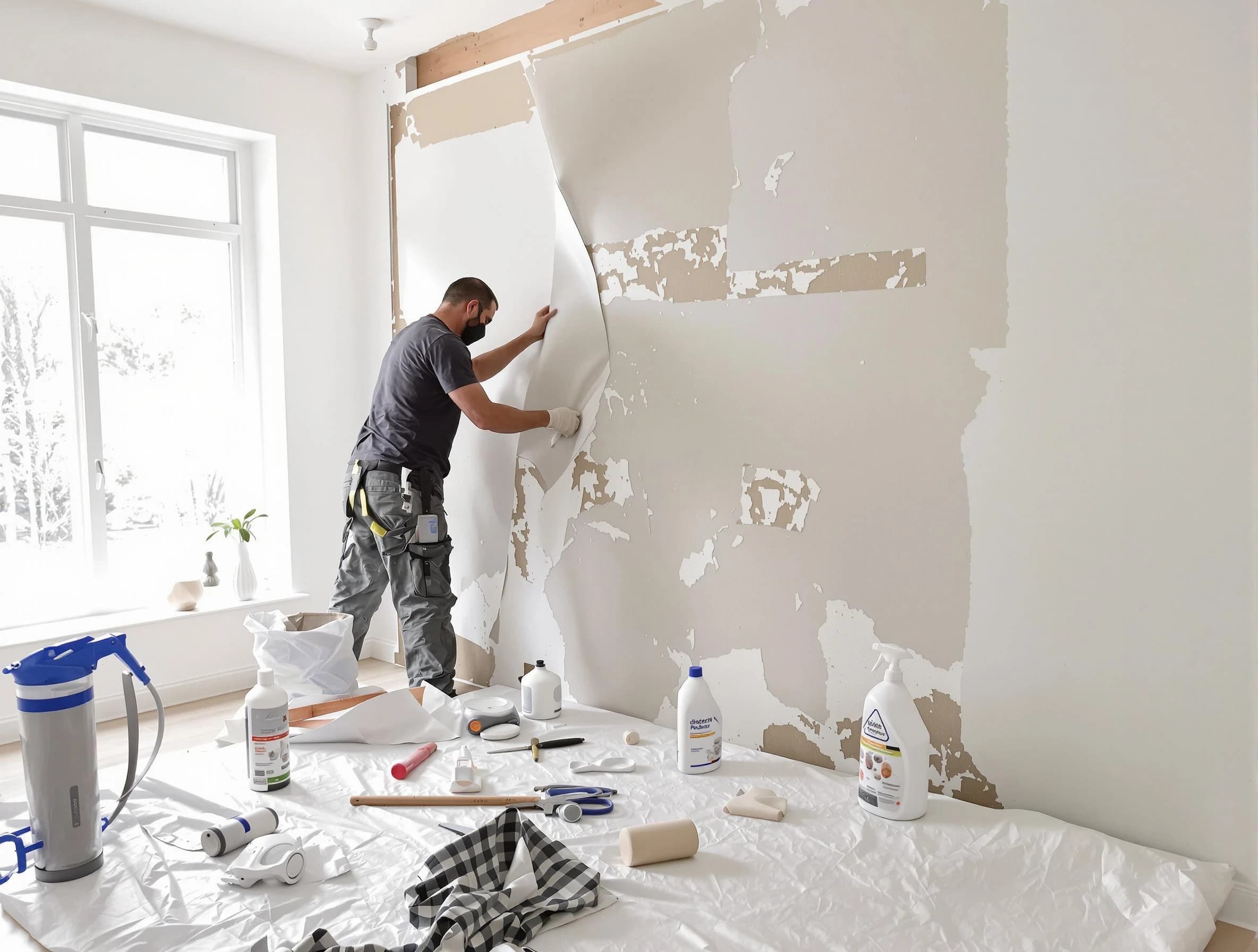 Brecksville House Painters technician removing wallpaper in Brecksville, OH