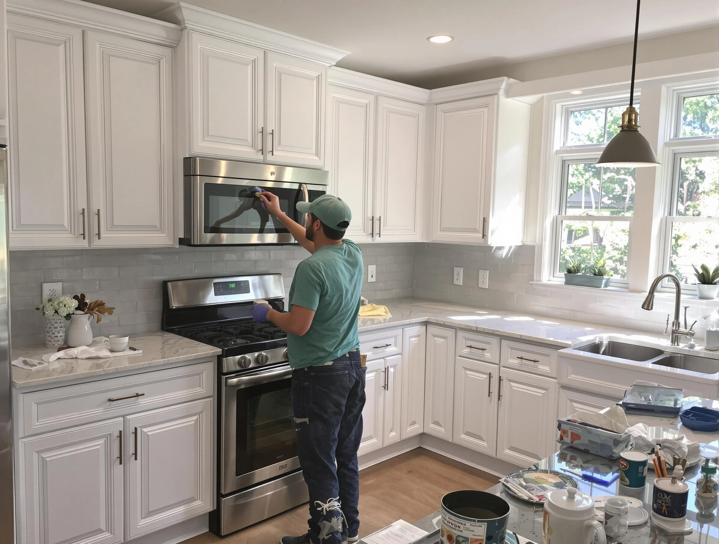 Kitchen cabinets being refinished by Brecksville House Painters in Brecksville, OH