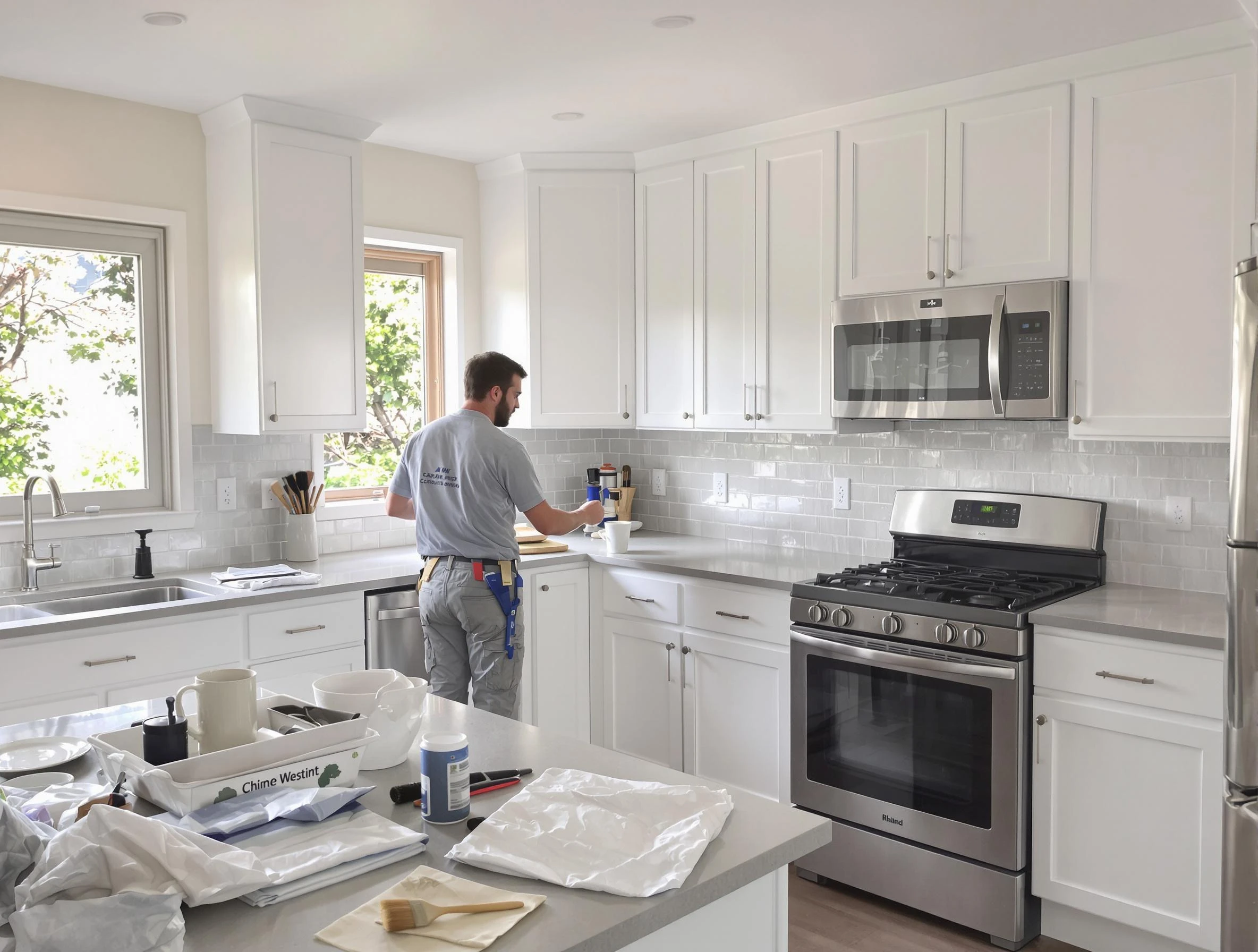 Brecksville House Painters applying fresh paint on kitchen cabinets in Brecksville